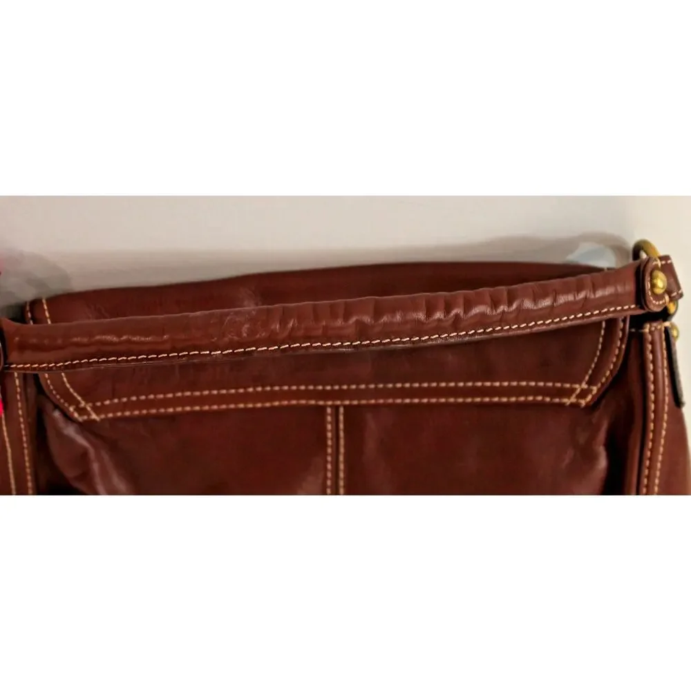 Talbots Leather Handbag Purse Brown White Thread Detailing Flap Closure